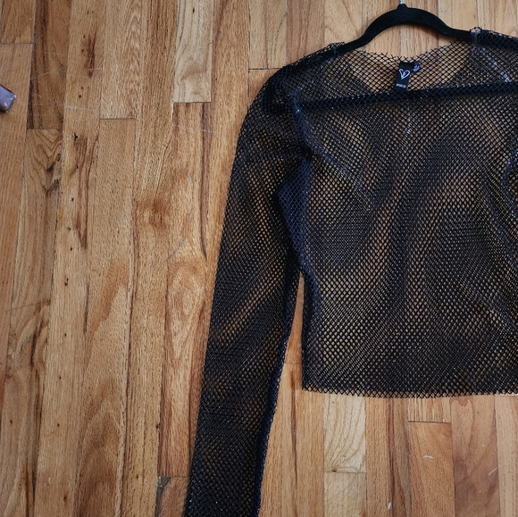 Windsor Women's Long Sleeve Sparkly Black Netted Top - Picture 3 of 5